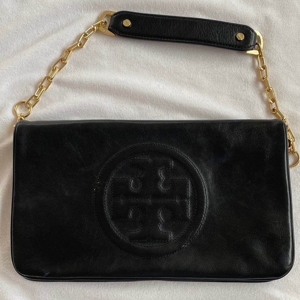 Tory Burch Bombe Reva Black Leather Shoulder Bag